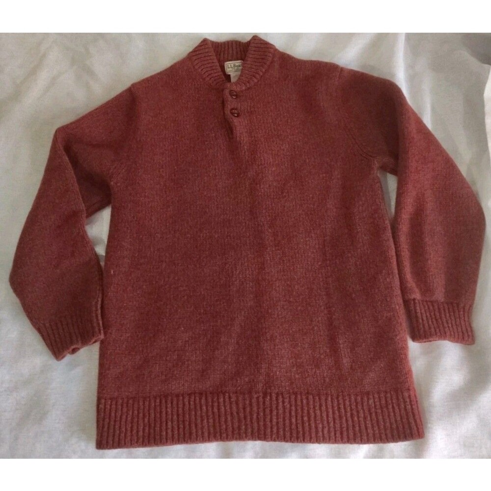 Vintage LL Bean Mens Brown 100% Lambs Wool  Button Neck Sweater Medium Tall